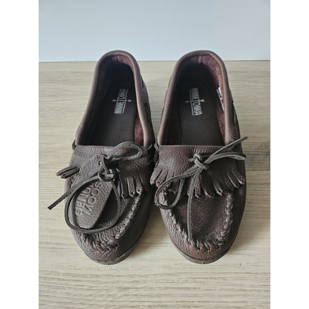 Minnetonka Genuine Moosehide Fringed Kilty Moccasin Shoes Chocolate Brown Size 9